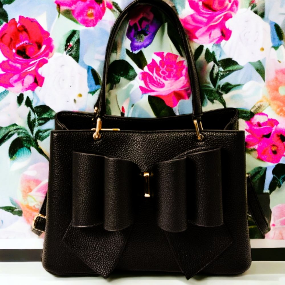 Black Pebbled Leather Double Top Handle Handbag